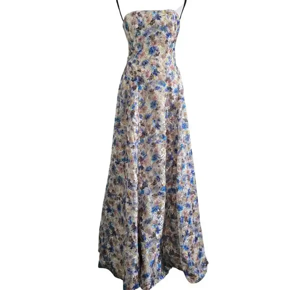 Alice + Olivia Strapless Floral Gown Dress Sz 4 Metallic Formal Evening Wedding - Picture 3 of 14